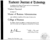 Diplom MBA z Rochester Instritute of Technology, New York